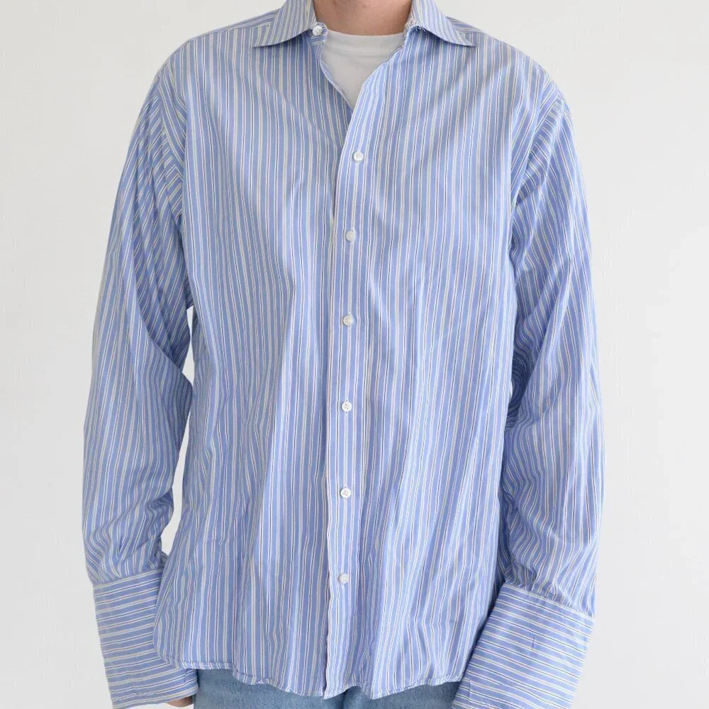 Vintage Burberry London Blue Stripe Button Down made in USA Dress Shirt